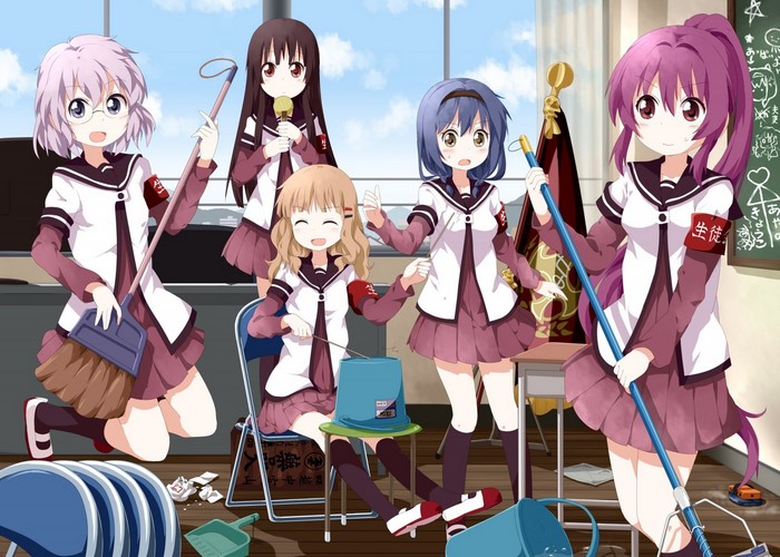 Yuru Yuri characters cleaning a classroom