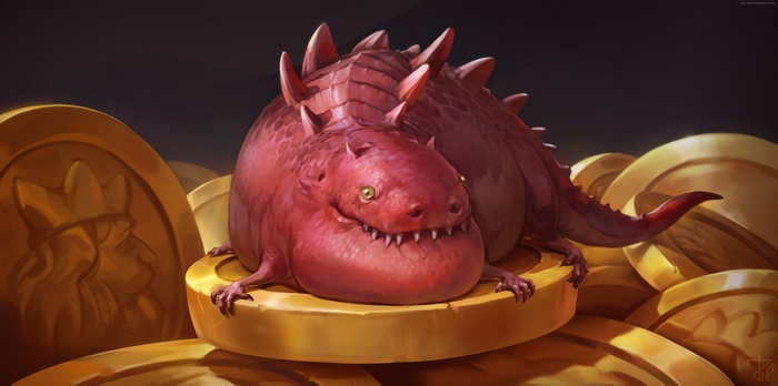 Red dragon sitting on gold coins