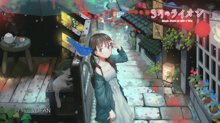 Hinata Kawamoto from 3 Gatsu no Lion in a rainy alley