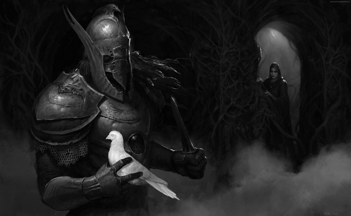Dark warrior holding a white dove