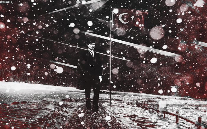 Mustafa Kemal Atatürk in winter with Turkish flag