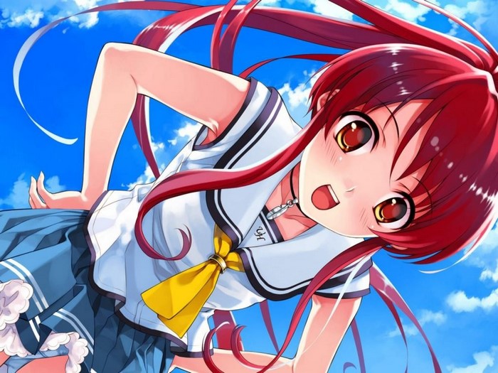Anime girl with red hair in school uniform against blue sky