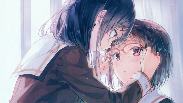 Two anime girls interacting, one adjusting glasses