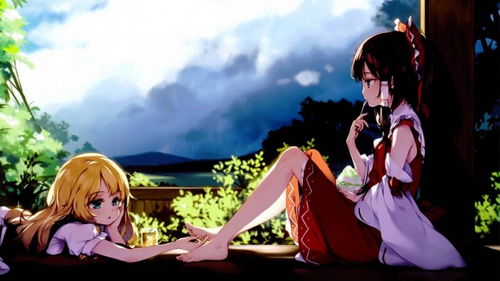 Anime girls relaxing outdoors