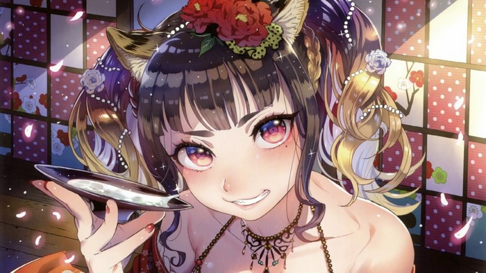 Anime girl with cat ears holding a sake cup