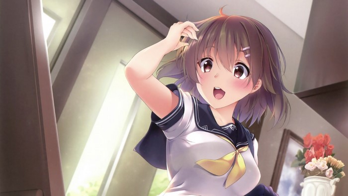 Anime girl in school uniform playing with hair