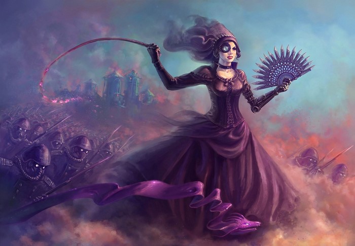 Steampunk Fantasy Girl with Mechanical Arm and Fan