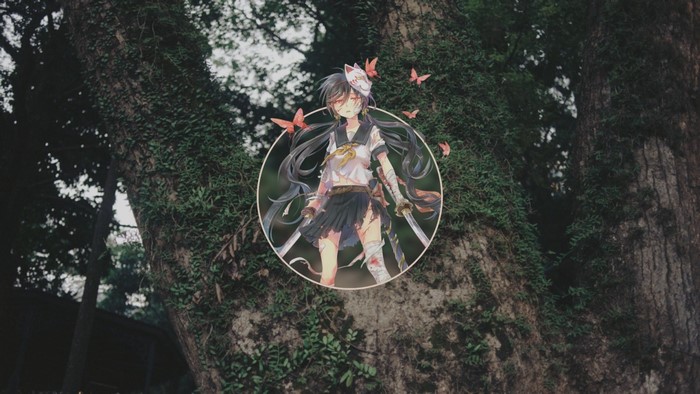 Anime girl with mask and swords in forest