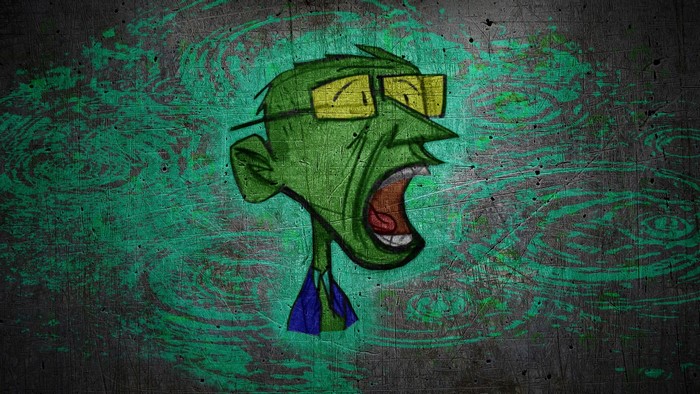 Green cartoon character with glasses screaming