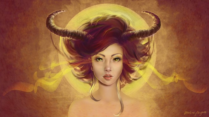 Fantasy girl with horns and flowing hair