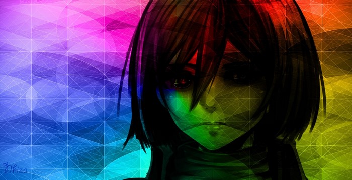 Anime girl with rainbow geometric background