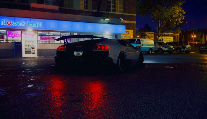 Lamborghini Murcielago LP640-4 in front of Nowen Mart at night