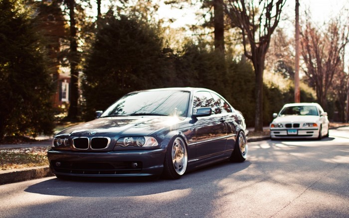 Two BMWs parked on a tree-lined street