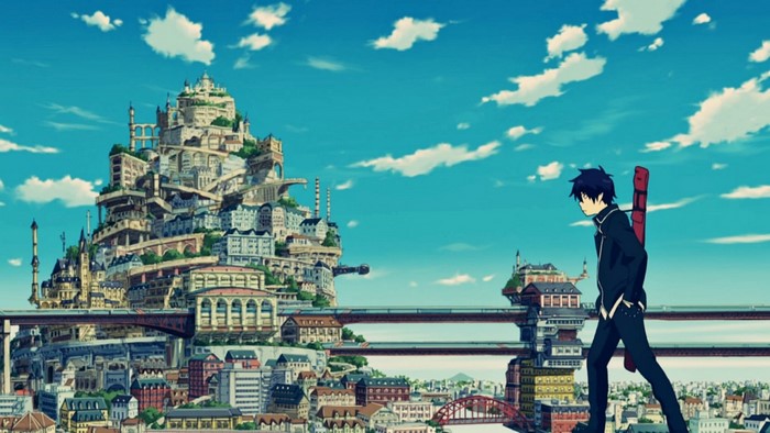 Okumura Rin from Blue Exorcist in a fantastical cityscape