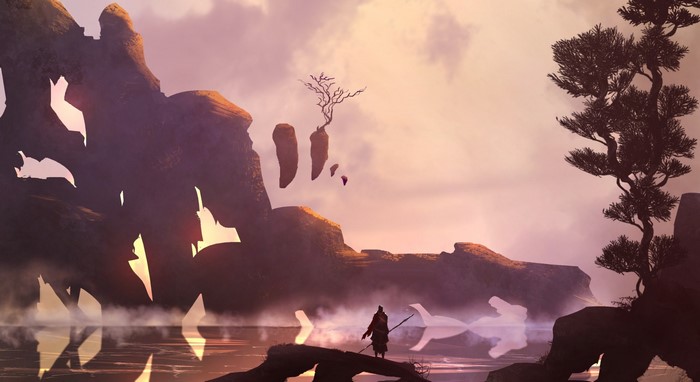 Digital art landscape with floating islands and a lone figure