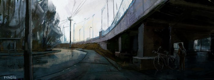 Painting of a street under an overpass with a person and bicycle