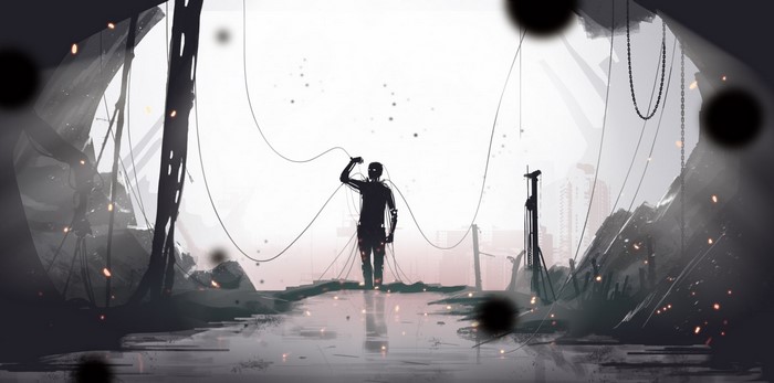 Silhouette of a robot connected by wires in a desolate landscape