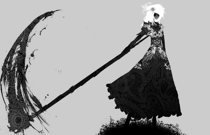 Monochrome illustration of a woman with a scythe