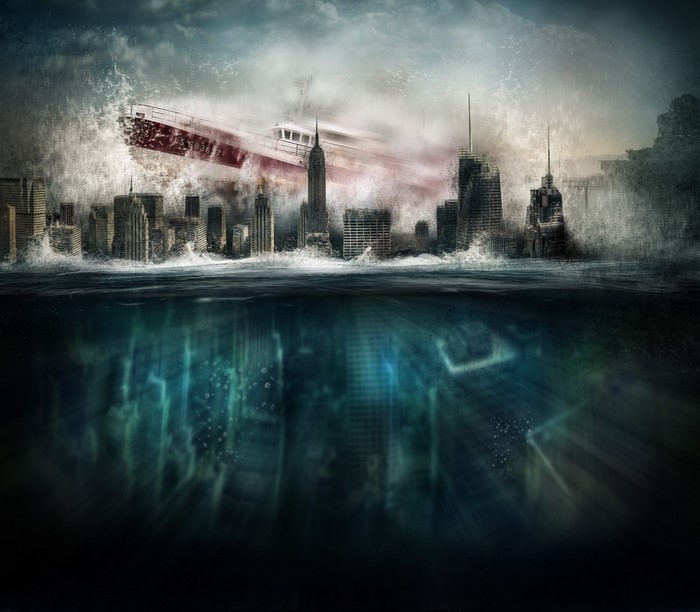 Flooded Cityscape with Boat and Underwater View