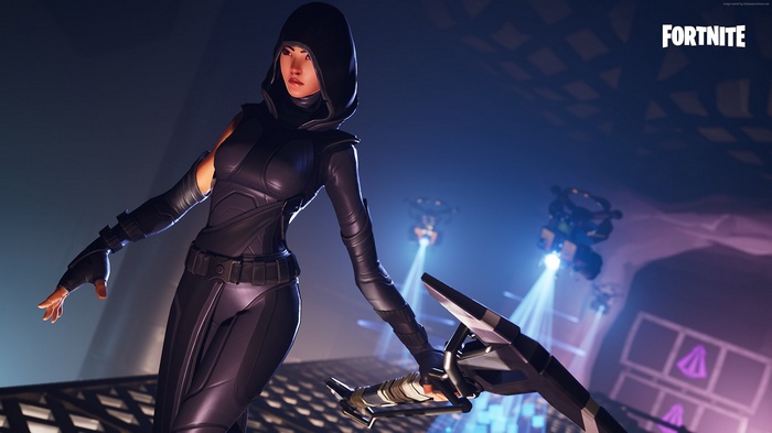 Fortnite character with a hooded outfit and a weapon