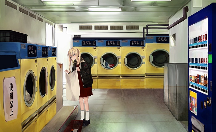Anime girl in a laundromat with vending machine