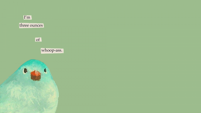A small blue bird with text about whoop-ass