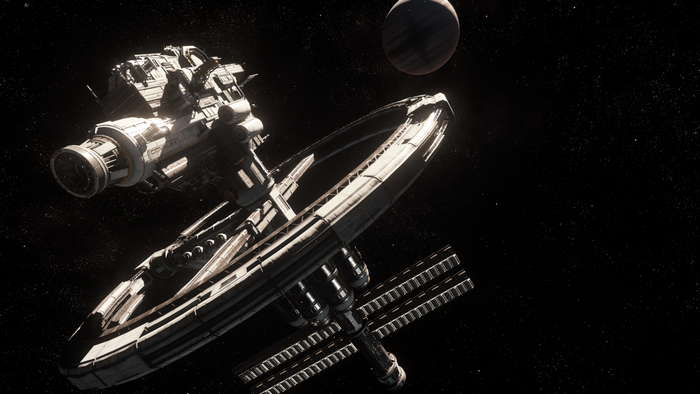 Star Citizen space station and spacecraft near a planet