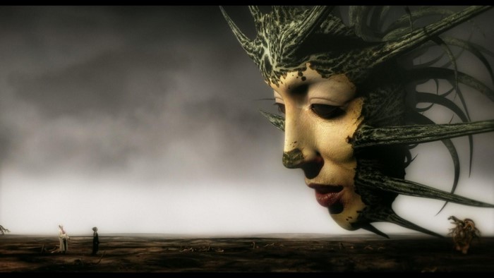 Giant surreal face with spiky crown and two figures in desolate landscape