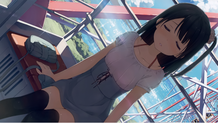 Anime girl sleeping on a train with a bag