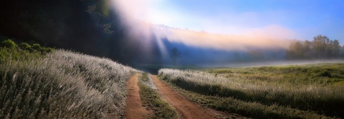 Misty morning sun rays over a dirt road and field