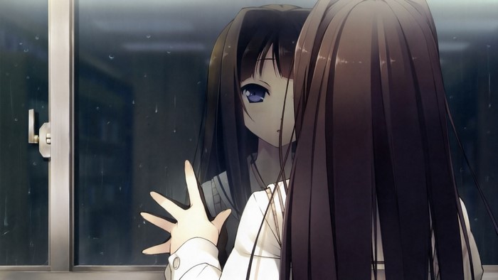 Anime girl looking in a rainy window