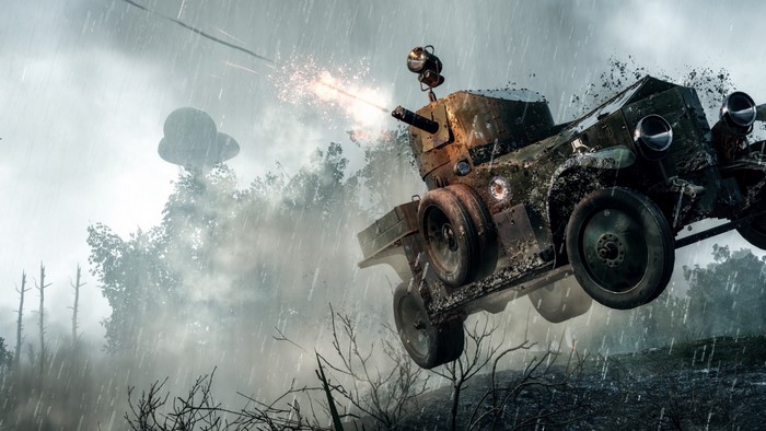 Armored car firing in a rainy battlefield