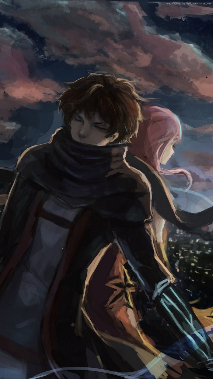 Anime couple overlooking city at dusk