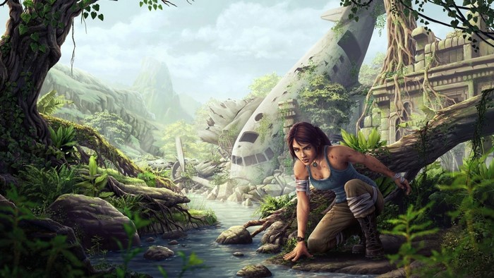 Lara Croft from Tomb Raider in a jungle with a crashed airplane