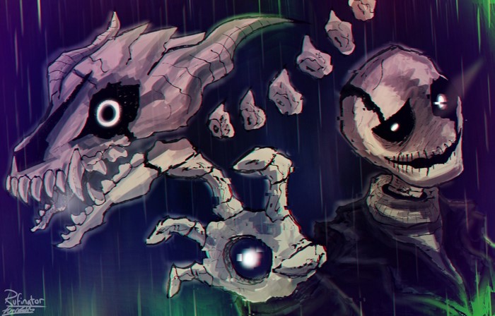 W. D. Gaster from Undertale with a skeletal dragon