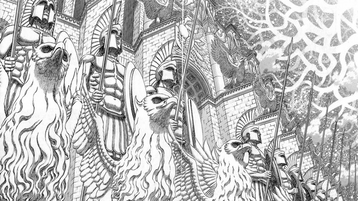 Soldiers and griffins in front of a building, Berserk