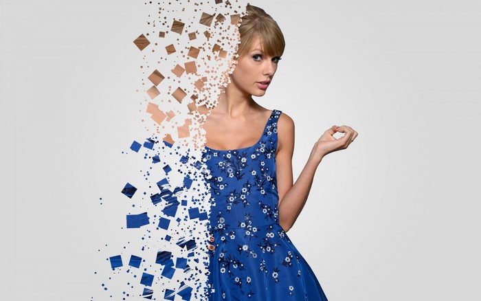 Taylor Swift in a blue floral dress with pixelated effect