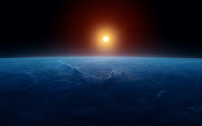Planet with sun setting over atmosphere