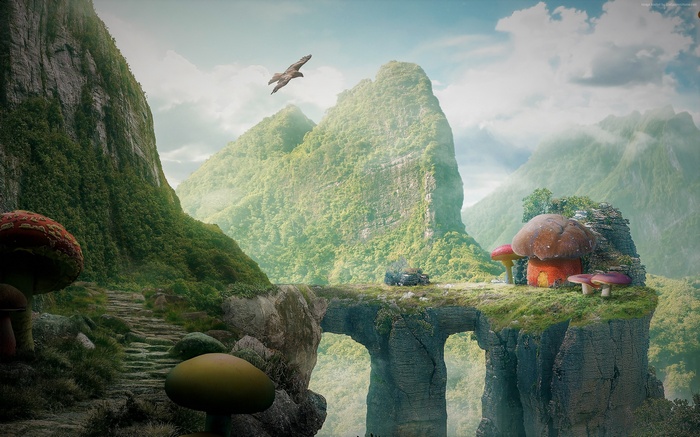 Fantasy world with giant mushrooms and mountains