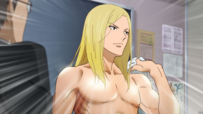 Anime character with long blonde hair and muscular physique