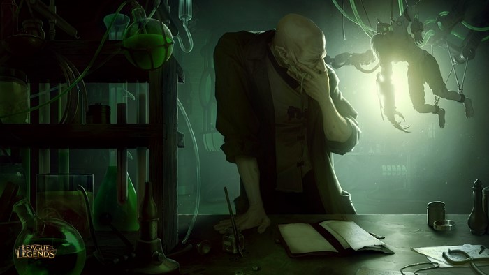 Mad scientist in laboratory with suspended creature from League of Legends