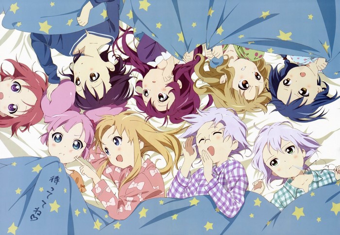 Yuru Yuri characters sleeping under a starry blanket