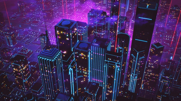 Neon Lit Futuristic Cityscape at Night