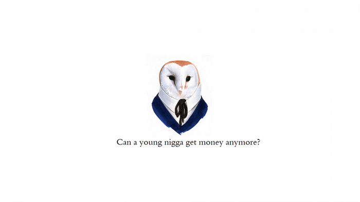 Barn owl in a suit with text