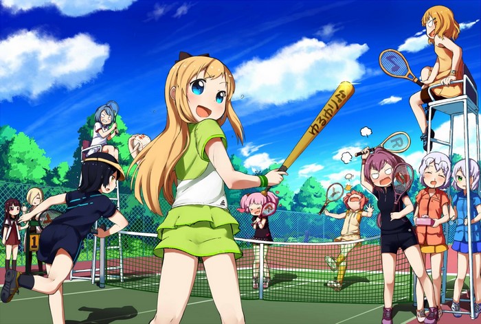 Anime girls playing tennis with a baseball bat from Yuru Yuri