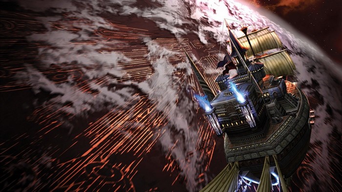 Rogue Galaxy space ship flying near a planet