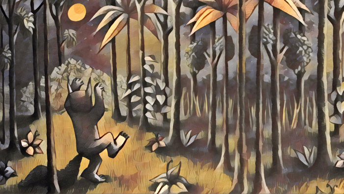 A creature from Where the Wild Things Are in a forest at night