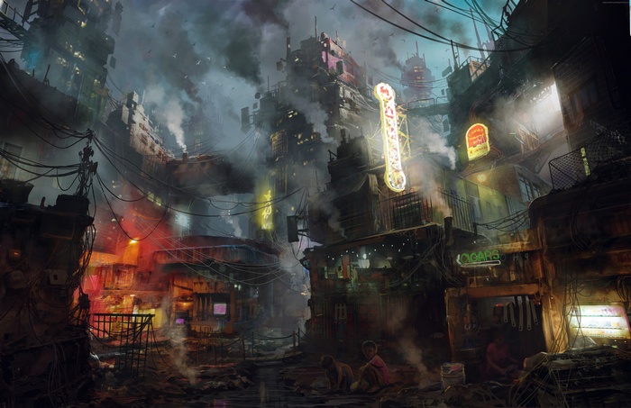 Futuristic cyberpunk city with neon signs and smoke