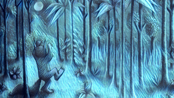 Max from Where the Wild Things Are in a forest at night