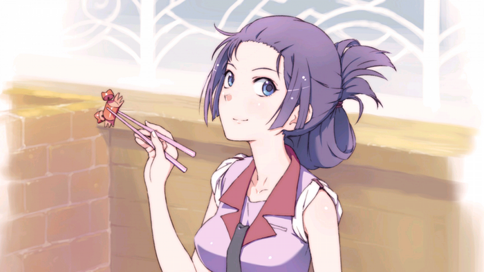 Senjougahara Hitagi from Monogatari Series holding candy with chopsticks